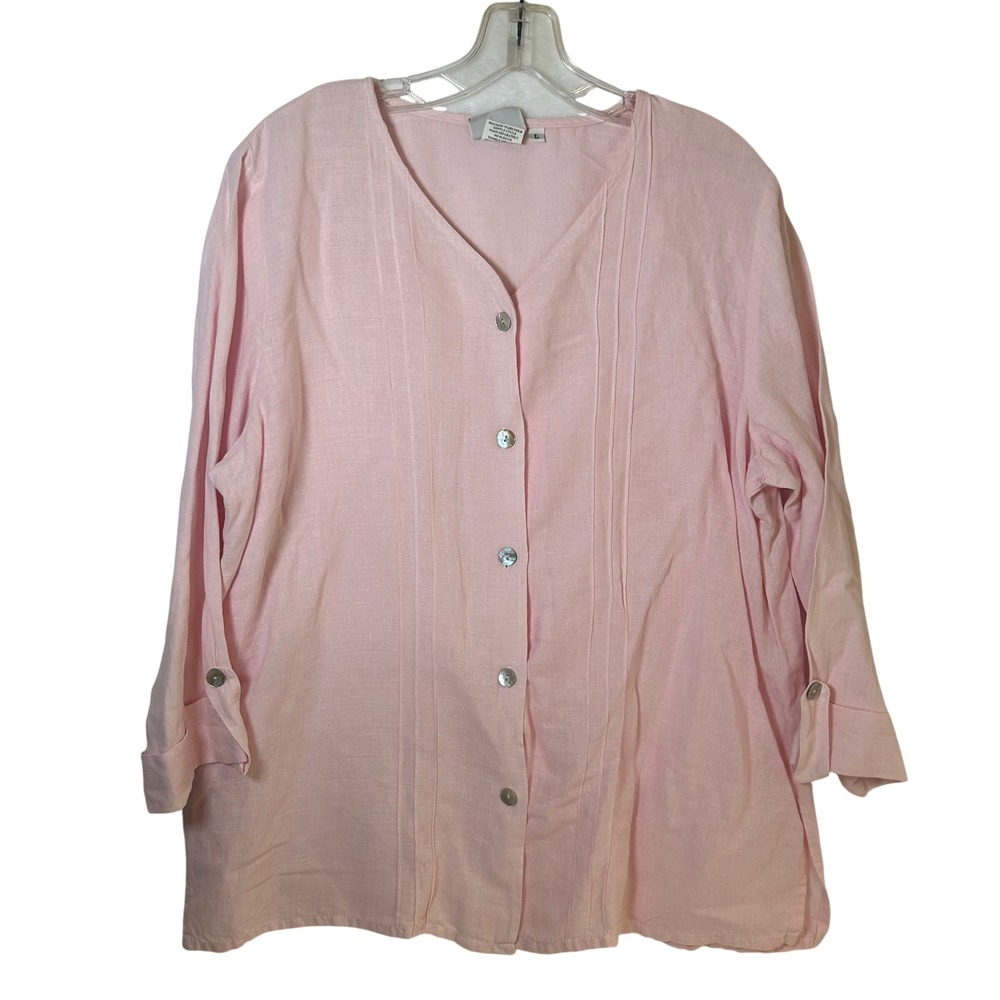 Hot Cotton by Marc Ware Pink Linen Blend Pintuck Button Front Blouse Top Large